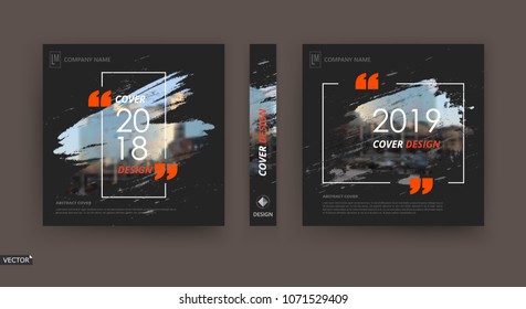 Abstract patch brochure cover design. Black info data banner frame. Techno title sheet model set. Modern vector front page art. Urban city blurb texture. Orange citation figure icon. Ad flyer text 