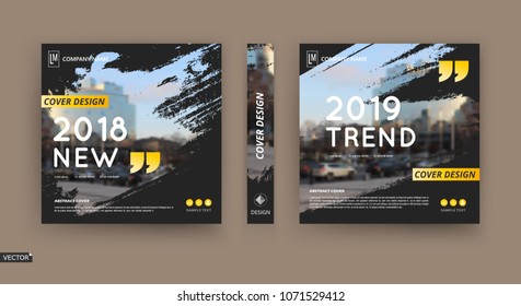 Abstract patch brochure cover design. Black info data banner frame. Techno title sheet model set. Modern vector front page art. Urban city blurb texture. Yellow citation figure icon. Ad flyer text 
