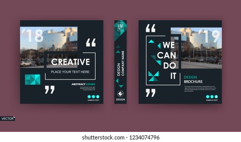 Abstract patch brochure cover design. Black info data banner frame. Techno title sheet model set. Modern vector front page art. Urban city blurb texture. Green citation figure icon. Ad flyer text 