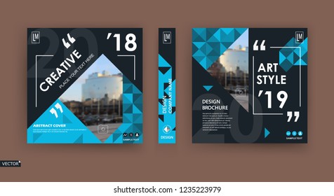 Abstract patch brochure cover design. Black info data banner frame. Techno title sheet model set. Modern vector front page art. Urban city blurb texture. Blue citation figure icon. Ad flyer text 