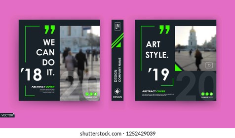 Abstract patch brochure cover design. Black info data banner frame. Techno title sheet model set. Modern vector front page art. Urban city blurb texture. Green citation figure icon. Ad flyer text font