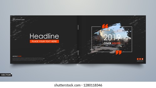 Abstract patch brochure cover design. Black info data banner frame. Techno title sheet model set. Modern vector front page art. Urban city blurb texture. Orange citation figure icon. Ad flyer text 