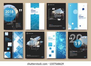 Abstract patch brochure cover design. Black info data banner frame. Techno title sheet model set. Modern vector front page art. Urban city blurb texture. Blue citation figure icon. Ad flyer text