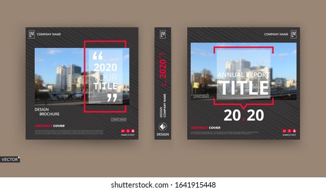 Abstract patch brochure cover design. Black info data banner frame. Techno title sheet model set. Modern vector front page art. Urban city blurb texture. Red citation figure icon. Ad flyer text font