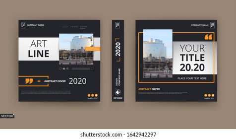 Abstract patch brochure cover design. Black info data banner frame. Techno title sheet model set. Modern vector front page art. Urban city blurb texture. Yellow citation figure icon. Ad flyer text