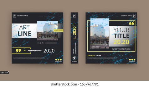 Abstract patch brochure cover design. Black info data banner frame. Techno title sheet model set. Modern vector front page art. Urban city blurb texture. Yellow citation figure icon. Ad flyer text
