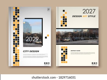 Abstract patch brochure cover design. Black info data banner frame. Techno title sheet model set. Modern vector front page art. Urban city blurb texture.Yellow citation figure icon. Ad flyer text font