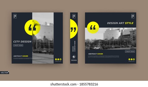 Abstract patch brochure cover design. Black info data banner frame. Techno title sheet model set. Modern vector front page art. Urban city blurb texture. Yellow citation figure icon. Ad flyer text