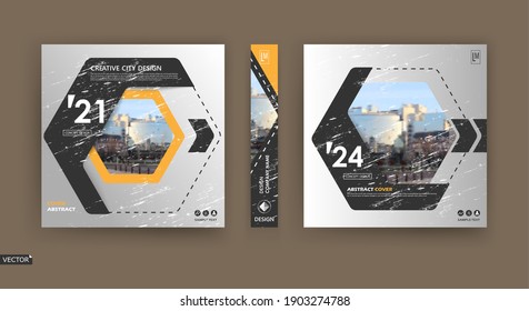 Abstract patch brochure cover design. Black info data banner frame. Techno title sheet model set. Modern vector front page art. Urban city blurb texture. Yellow citation figure icon. Ad flyer text