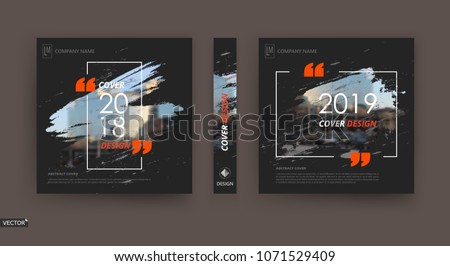 Abstract patch brochure cover design. Black info data banner frame. Techno title sheet model set. Modern vector front page art. Urban city blurb texture. Orange citation figure icon. Ad flyer text 