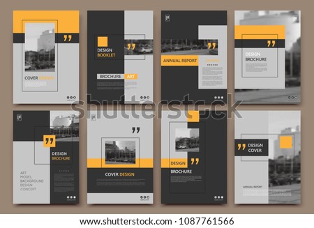Abstract patch brochure cover design. Gray  info data banner frame. Techno title sheet model set. Modern vector front page art. Urban city blurb texture. Orange citation figure icon. Ad flyer text. 