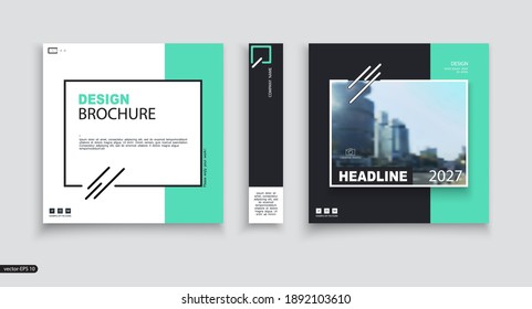 Abstract patch business cover design, brochure template. Cover set. Design of green and black geometric frames and quotes, booklet layout. Urban city, logo. Annual report, title. Ad text, company name