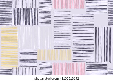 Abstract patchwork background of doodle line and strokes art pattern. Vector giclee sketch patch artwork with and square shapes pattern on white background