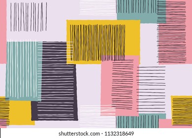 Abstract patchwork background of geometric line art pattern. Vector giclee doodle sketch patch work or artwork with square shapes on white background