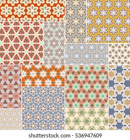 Abstract patchwork pattern, colorful decoration. Vector quilt background. Geometric line elements. Vintage tribal ethnic decorative ornament for textile or paper print
