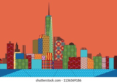 Abstract patchwork pattern illustration of Manhattan New York in bright colors.