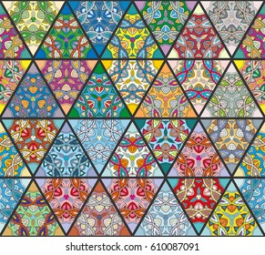 Abstract patchwork quilt seamless pattern. Vintage decorative elements. Hand drawn background. Indian, Arabic, Turkish motifs for printing on fabric or paper. Colorful doodle pattern in mosaic style