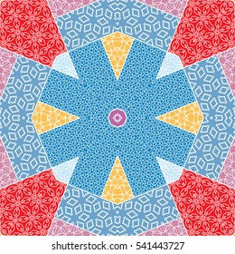 Abstract patchwork seamless pattern, colorful decoration. Vector quilt background. Geometric line elements. Vintage tribal ethnic decorative ornament for textile or paper print