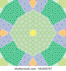 Abstract patchwork seamless pattern, colorful decoration. Vector quilt background. Geometric line elements. Vintage tribal ethnic decorative ornament for textile or paper print