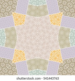 Abstract patchwork seamless pattern, colorful decoration. Vector quilt background. Geometric line elements. Vintage tribal ethnic decorative ornament for textile or paper print