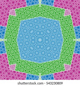 Abstract patchwork seamless pattern, colorful decoration. Vector quilt background. Geometric line elements. Vintage tribal ethnic decorative ornament for textile or paper print