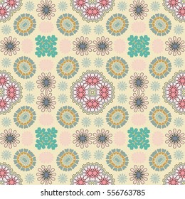 Abstract patchwork seamless pattern, colorful decoration. Vector quilt background. Geometric line elements. Vintage tribal ethnic decorative ornament for textile or paper print