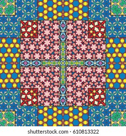 Abstract patchwork seamless pattern, colorful decoration. Vector quilt background. Vintage tribal ethnic decorative geometric ornament for textile or paper print
