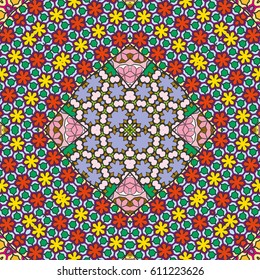 Abstract patchwork seamless pattern, colorful decoration. Vector quilt background. Vintage tribal ethnic decorative geometric ornament for textile or paper print