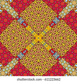 Abstract patchwork seamless pattern, colorful decoration. Vector quilt background. Vintage tribal ethnic decorative geometric ornament for textile or paper print