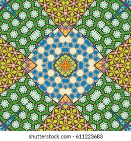 Abstract patchwork seamless pattern, colorful decoration. Vector quilt background. Vintage tribal ethnic decorative geometric ornament for textile or paper print