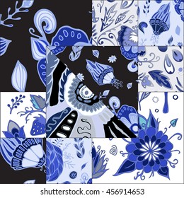 abstract patchwork tile with floral ornament.arabic or orient pattern. vintage style