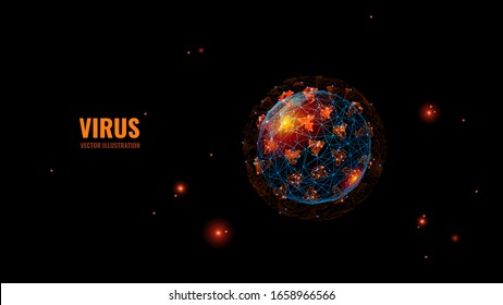 Abstract pathogen coronavirus 2019-ncov . Polygonal digital vector illustration of flu virus looks like under a microscope. Coronavirus outbreak on Asia and world concept. Isolated on black background