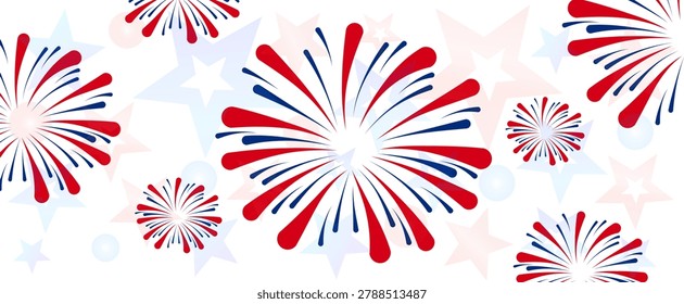 Abstract patriotic background filled with red and blue firework bursts, overlapping translucent stars on a clean white canvas, festive wide horizontal backdrop for american holidays