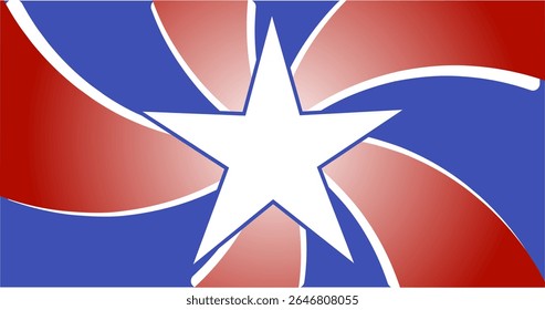 Abstract patriotic background with a large white star over curved red and blue stripes, perfect for American-themed designs and celebration events.