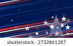 Abstract patriotic background with red, white, and blue diagonal stripes and stars. Modern vector design for American holidays like 4th of July or Memorial Day.
