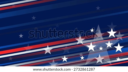 Abstract patriotic background with red, white, and blue diagonal stripes and stars. Modern vector design for American holidays like 4th of July or Memorial Day.