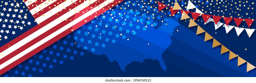 Abstract patriotic banner. Red, white, blue colors, US flag, map, garland ,golden glitter sparkle  background for celebrations, voting, 4th of July fireworks, memorials, labor day and elections in USA