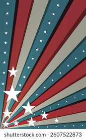 Abstract patriotic starburst with red, white, and blue stripes and stars