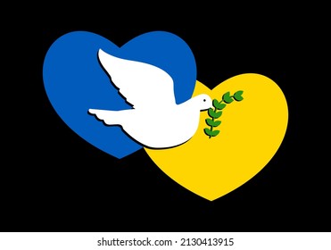 Abstract patriotic Ukrainian flag in the shape of a two hearts with the dove of peace. White dove flying and hold a olive branch of the peace. Fluttering bird that brings peaceful and calm to Ukraine.