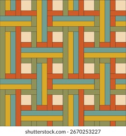 Abstract pattern of aida cloth created from khaki, yellow, turquoise and orange rectangles and squares 