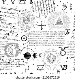 Patrón abstracto de símbolos alquímicos, esotéricos, místicos y garabatos manuscritos ilegibles. Fondo sin inconvenientes con iconos astrológicos y grabados lineales con tarjeta tarot