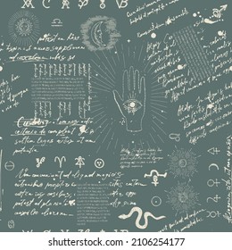 Abstract pattern of alchemical, esoteric, mystical symbols and unreadable handwritten scribbles. Seamless background with astrological icons and linear engravings with tarot card icons.