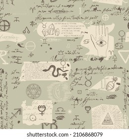 Patrón abstracto de símbolos alquímicos, esotéricos, místicos y garabatos manuscritos ilegibles. Fondo sin inconvenientes con iconos astrológicos y grabados lineales con iconos de la tarjeta del tarot.