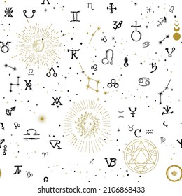 Abstraktes Muster von alchemistischen, esoterischen, mystischen Symbolen und unlesbaren handgeschriebenen Schriftzeichen. Nahtloser Hintergrund mit astrologischen Symbolen und linearen Gravuren mit Tarot-Kartensymbolen.