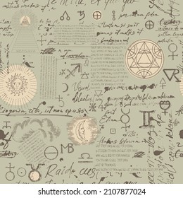 Abstract pattern of alchemical, esoteric, mystical symbols and unreadable handwritten scribbles. Seamless background with astrological icons and linear engravings with tarot card icons.