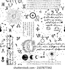 Patrón abstracto de símbolos alquímicos, esotéricos, místicos y garabatos manuscritos ilegibles. Fondo sin inconvenientes con iconos astrológicos y grabados lineales con iconos de la tarjeta del tarot.