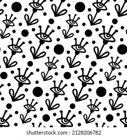 Abstract pattern with alien flowers - eyes in black white. Hand drawn space plant for psychedelic background wallpaper. Concept of infinity of mind, meditation, spiritual practice. Doodle illustration