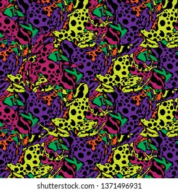 Abstract pattern of amphibians of poisonous frogs suitable for printing on textiles for children, pajamas, leggings, home decor,fabrics. Poison-dart frogs Dendrobates.Ornament of bright spots.