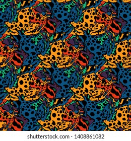 Abstract pattern of amphibians of poisonous frogs suitable for printing on textiles for children, pajamas, leggings, home decor,fabrics. Poison-dart frogs Dendrobates.Ornament of bright spots.