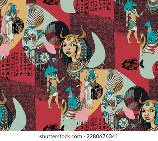 Abstract pattern with ancient Egyptian motifs. Suitable for fabric, wrapping paper and the like.